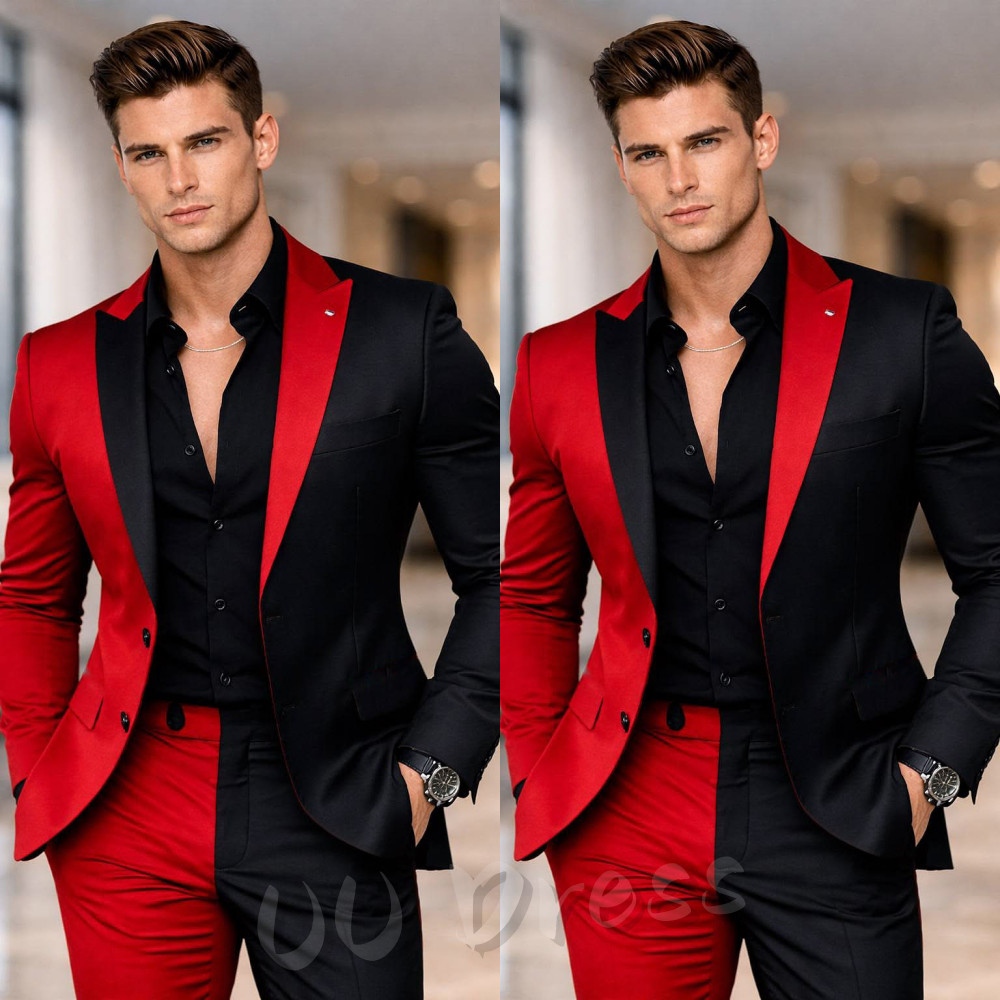 Splicing Black Red Men's Suits Formal Party Prom Tuxedos Wedding Groom Blazers