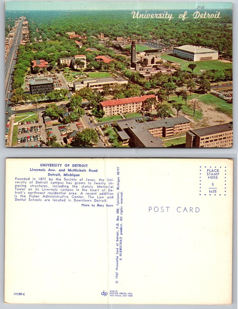 University of Detroit Michigan Aerial View Vintage Postcard 1967 Dexter Press