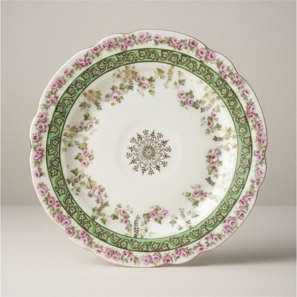 Porcelain Decorative Floral Plate Green Pink Gold Glossy Finish Round