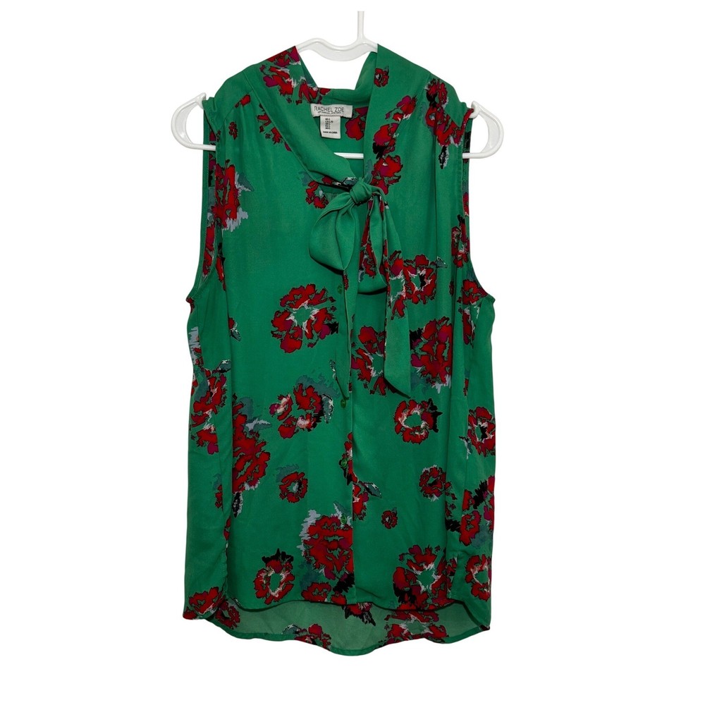 Rachel Zoe Green Floral Tie Neck Sleeveless Blouse Top Large L Button Front
