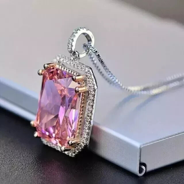 4Ct Cushion Cut Lab Created Pink Sapphire Diamond Pendant 14K White Gold Plated