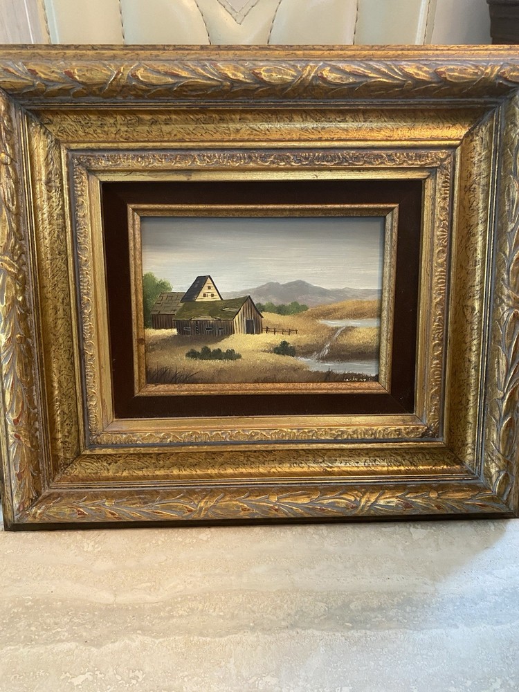 Vtg Original Oil Painting Signed Cottage Moody Landscape Scene Barn Wood Frame