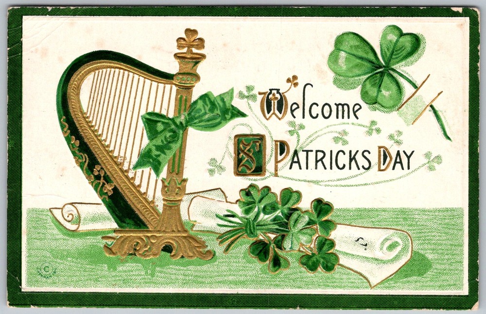 Antique Postcard St Patrick's Day Harp Wellesley, MA 1910s