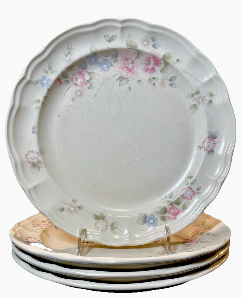 4 Vintage Pfaltzgraff Tea Rose 10.5” Dinner Plates Scalloped Rim Pink Flower USA