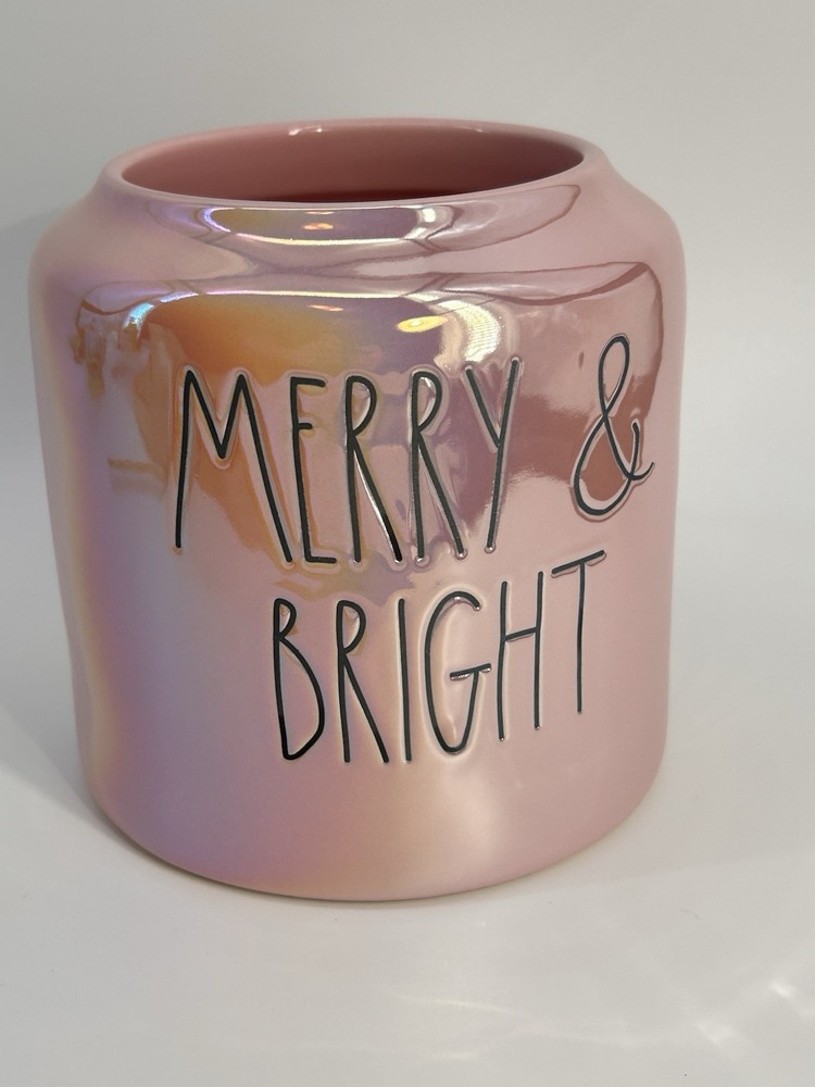 Rae Dunn MERRY & BRIGHT pink iridescent Christmas canister