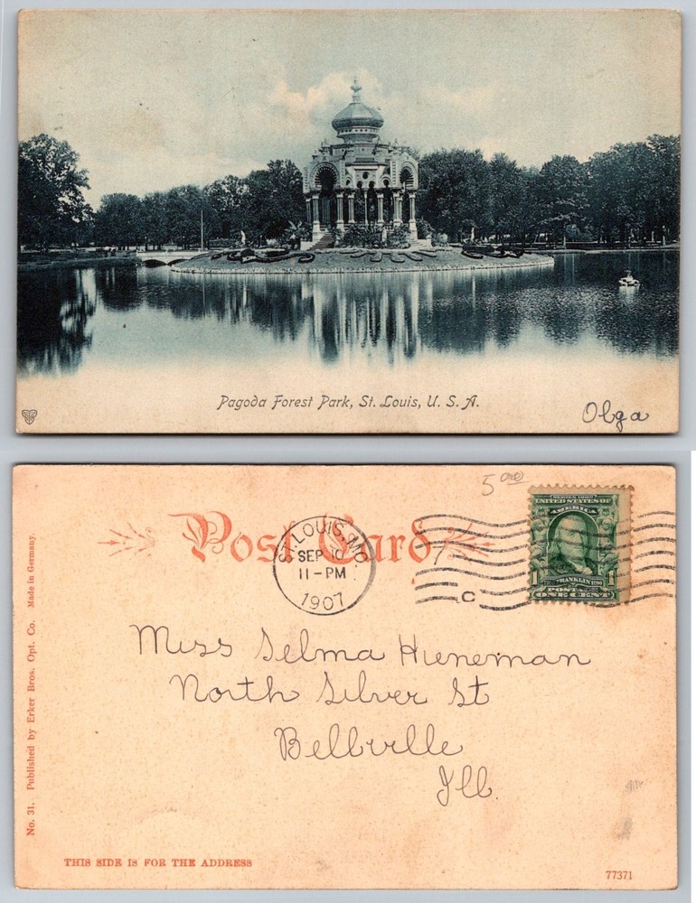 1907 Pagoda Forest Park St. Louis MO Postcard Erker Bros. Opt. Germany