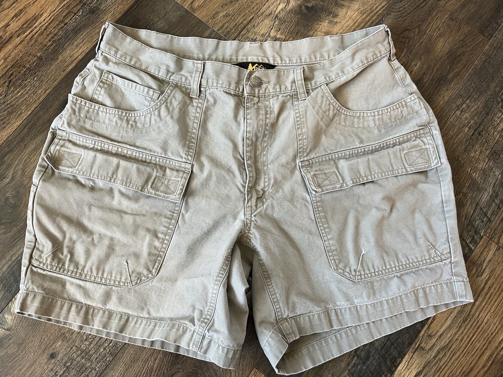 Men’s REI Explorer Vintage Beige Khaki Cargo Hiking Cotton Shorts Sz 36 Inseam 6