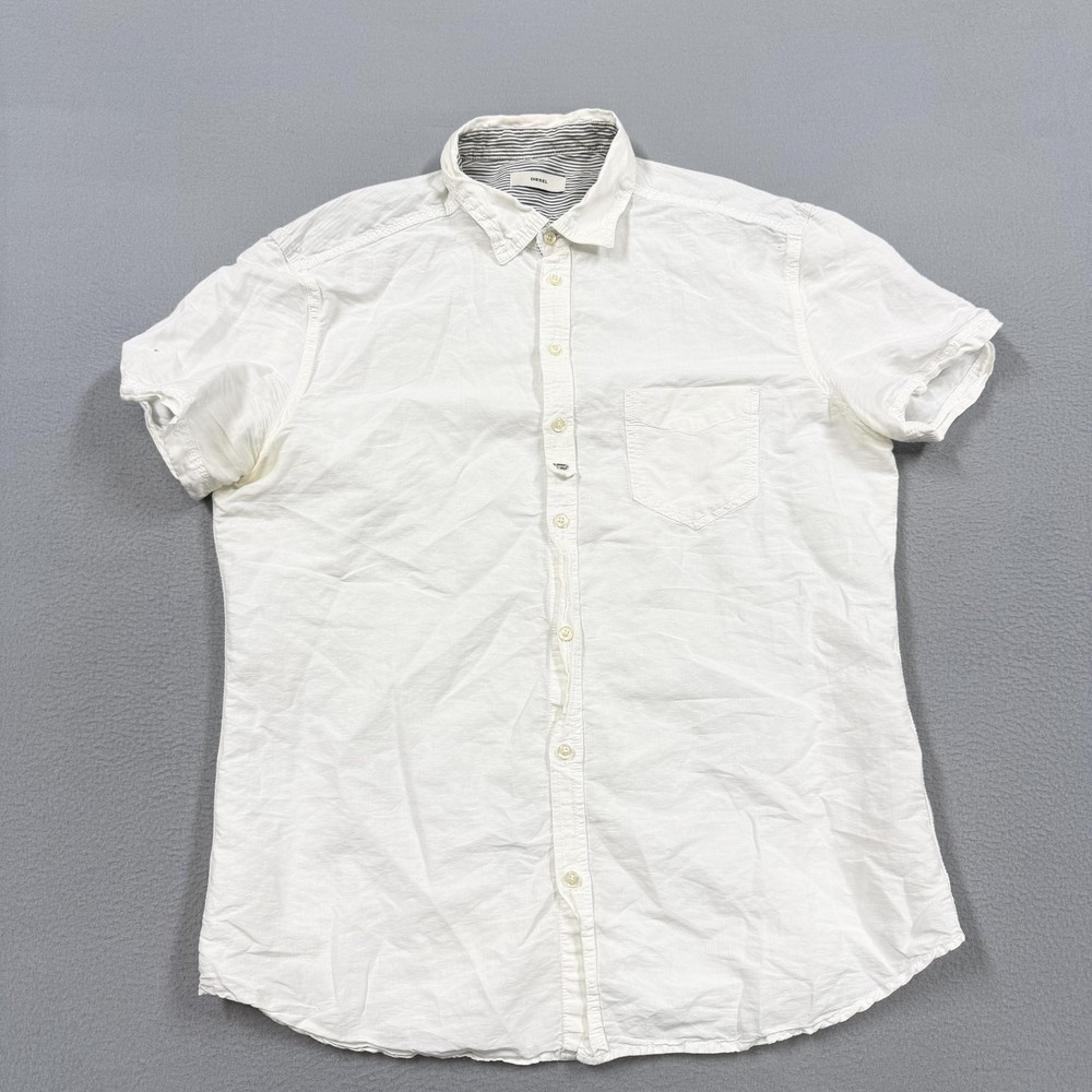 Diesel Shirt Mens XL White Solid Short Sleeve Button Up Casual Summer Cotton