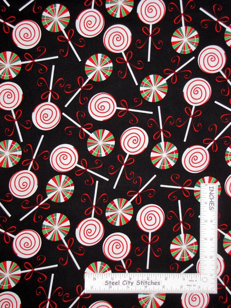 Christmas Holiday Cheer Lollipops Candy on Black Cotton Fabric Benartex By Yard
