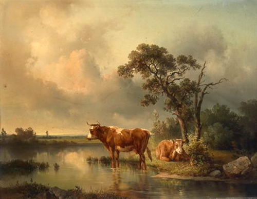 Stunning ART Oil painting two cows cattles in sunset landscape by river canvas