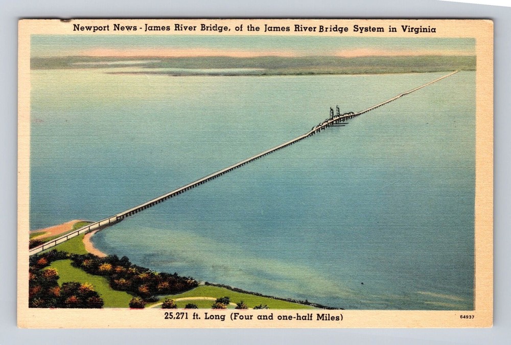 Newport News VA-Virginia, Aerial View Of James River Bridge, Vintage Postcard