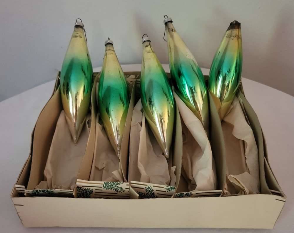 Lot of 5 Mercury Glass Teardrop Green Ornaments Vintage Walker Scott Dept Store