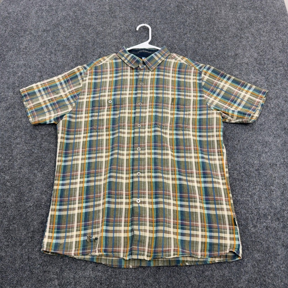 Kuhl Button Up Shirt Mens L Green Linen Blend Plaid Short Sleeve Outdoor Hike