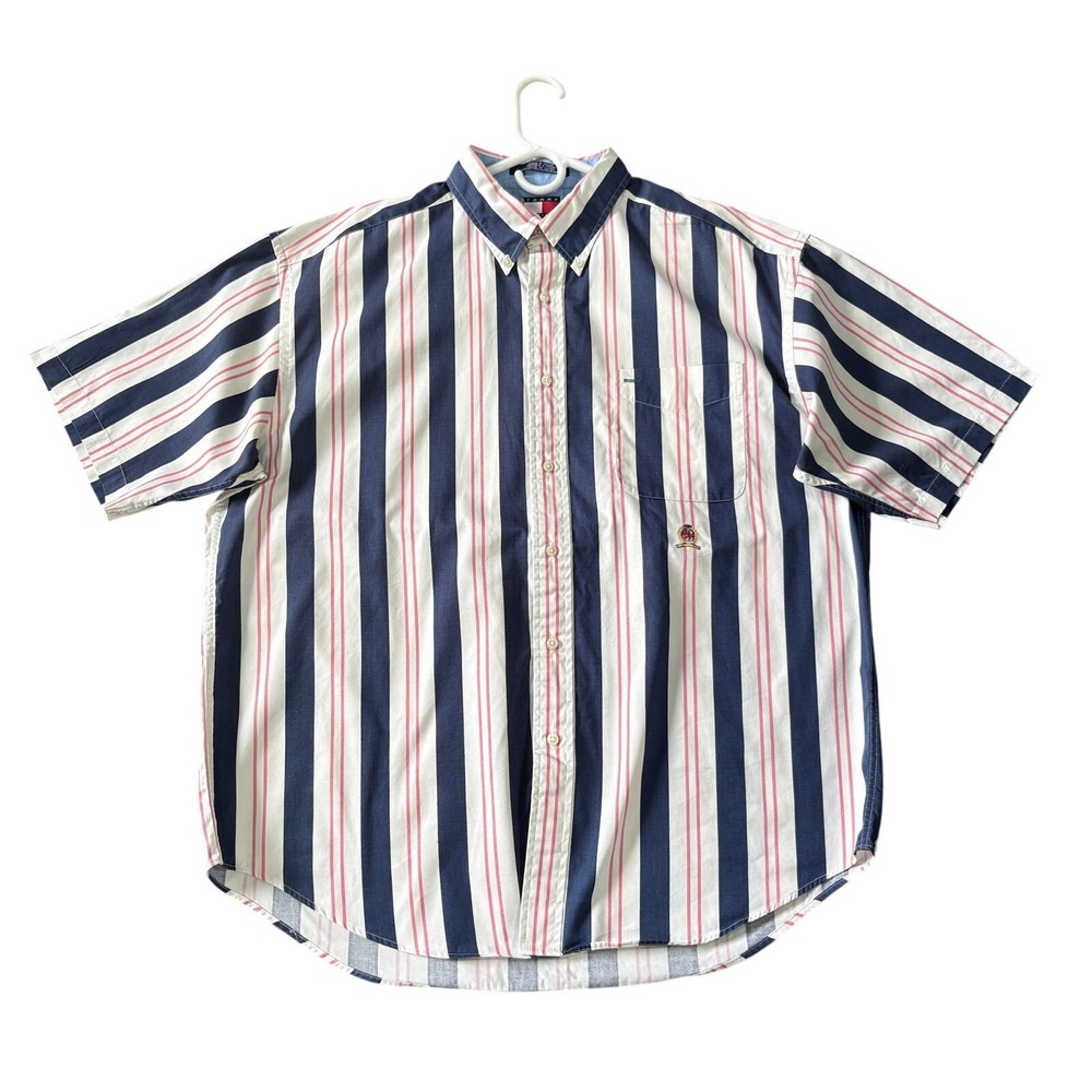 Vintage Tommy Hilfiger Shirt Men's Size XL White Blue Striped Y2K Button Up