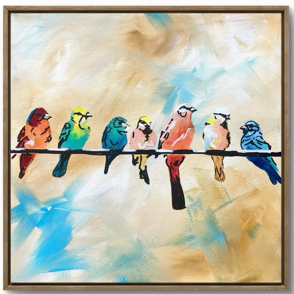 TITA PAINTZ Colorful Birds On Wire Hand Painted 12x12 Canvas Wall Art