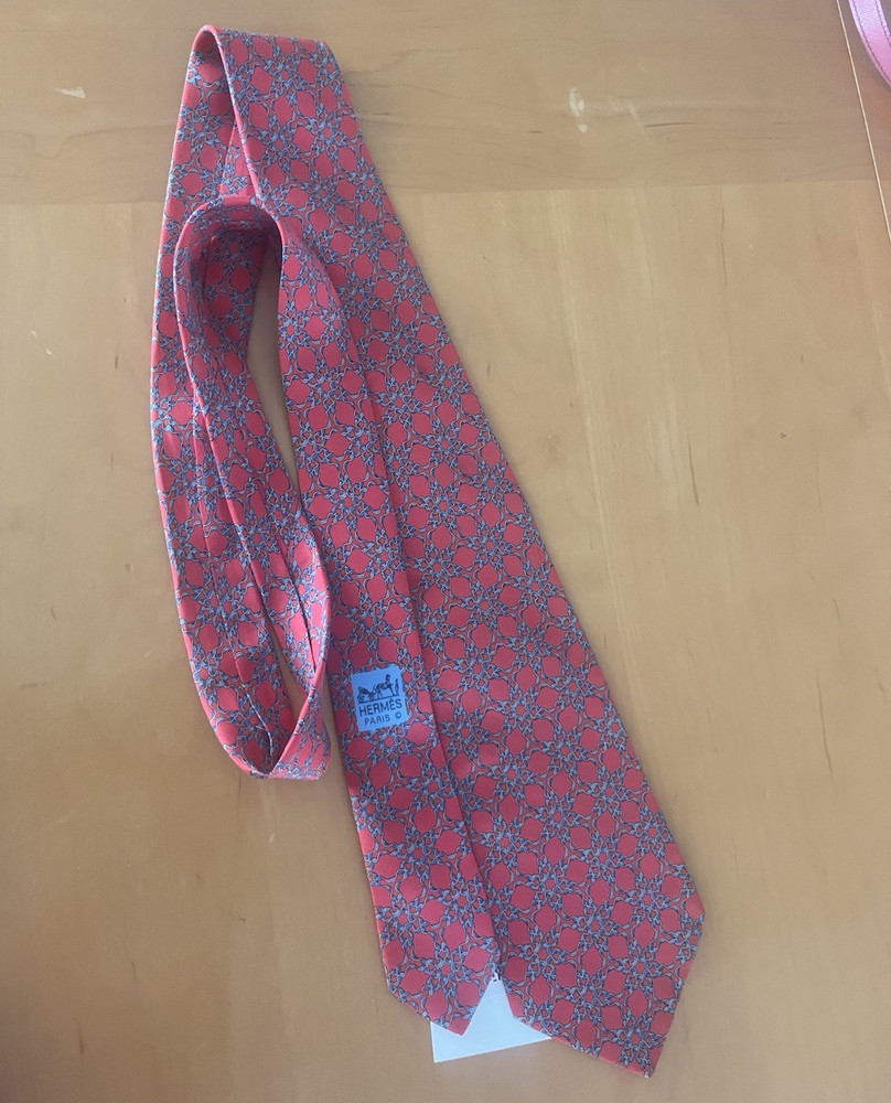 HERMÈS Men’s 100% Silk Tie Red/Blue Geometric Designer Logo MPN 7726 OA