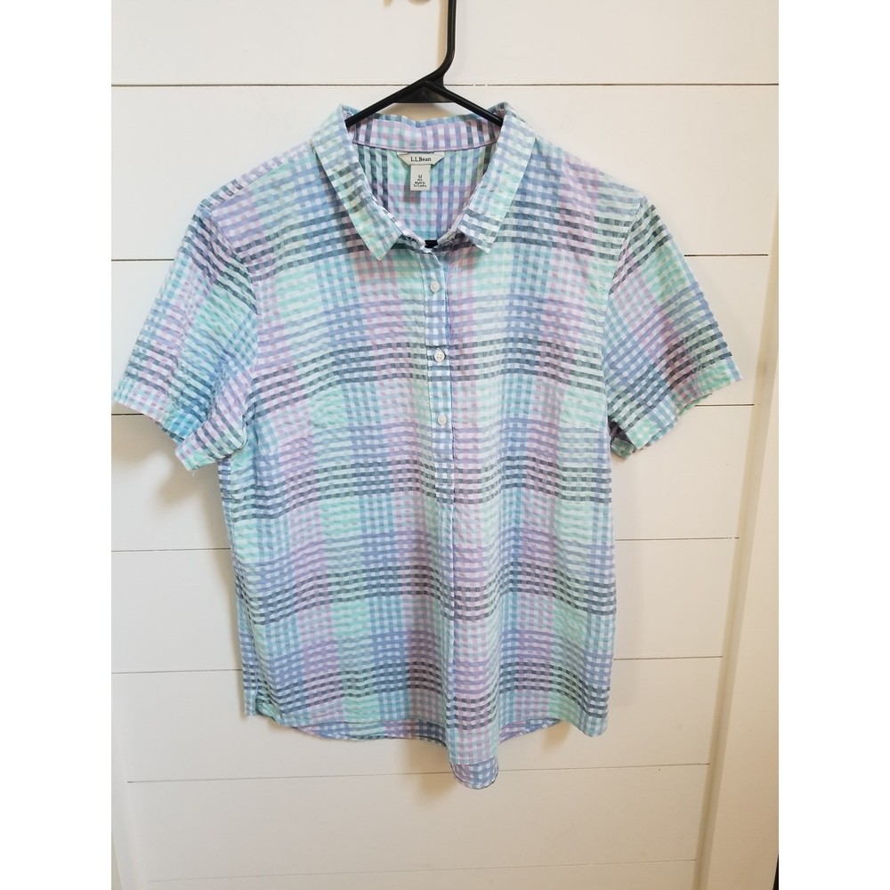 LL Bean Vacationland Seersucker Short Sleeve Popover Plaid Shirt Size M