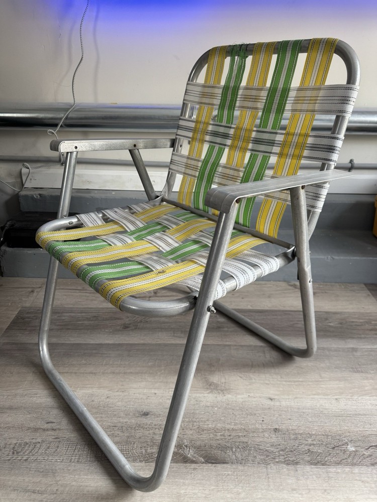 VTG Retro Lightweight Aluminum Folding Beach Lawn Chair Yellow Green