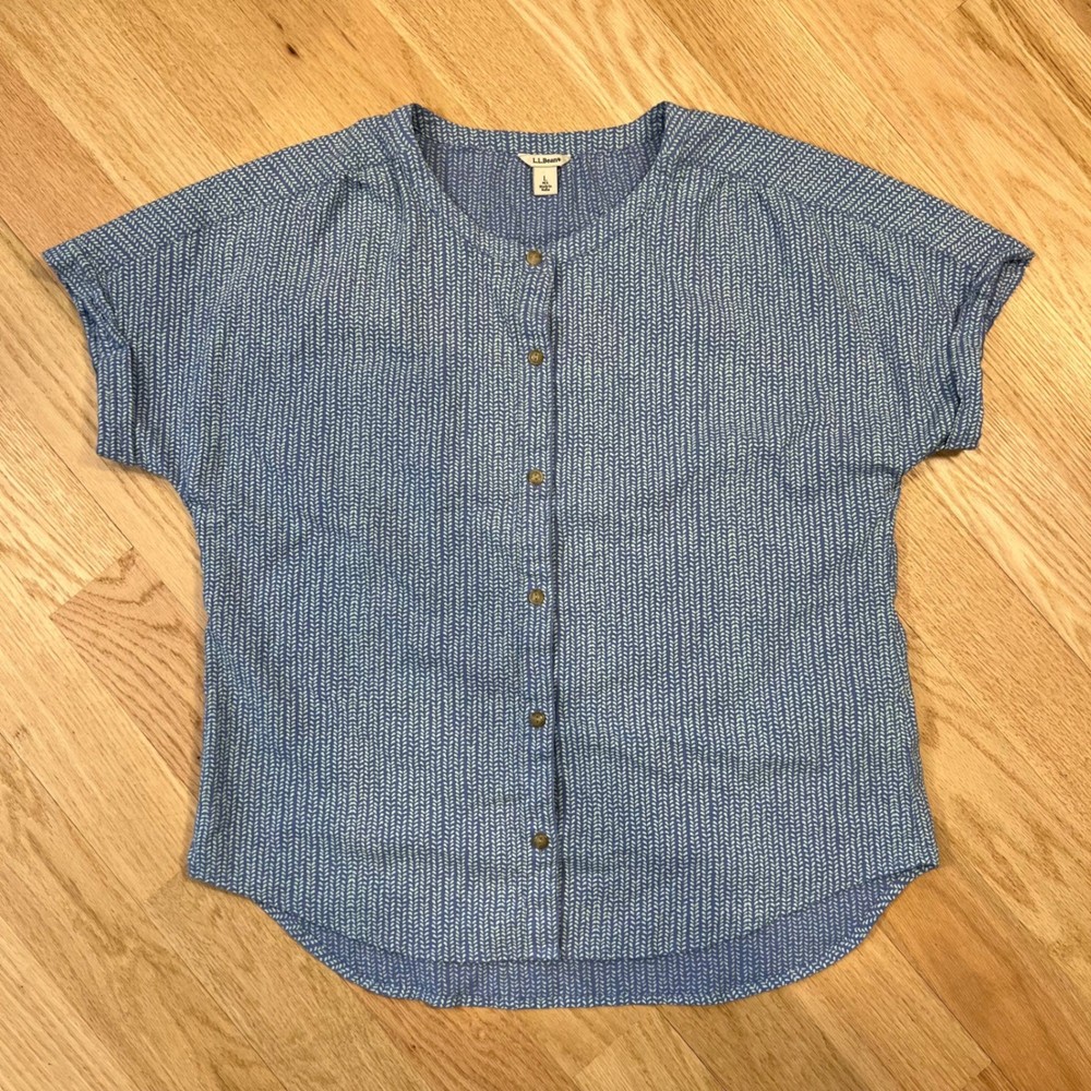 LL Bean Organic Cotton Gauze Button Front Top Blue Geometric Print Women Size L