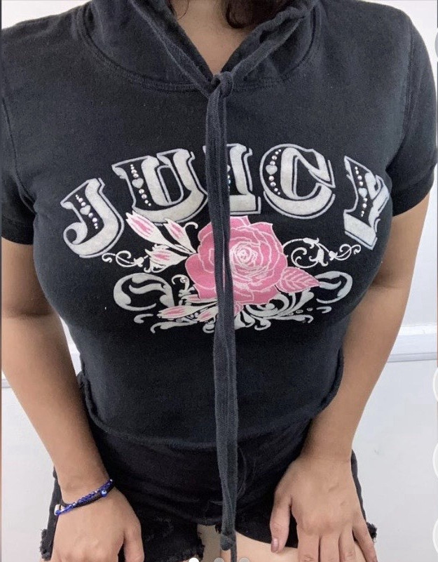 Juicy Couture Black Pullover Short Sleeve Hoodie Floral Logo Rhinestone S