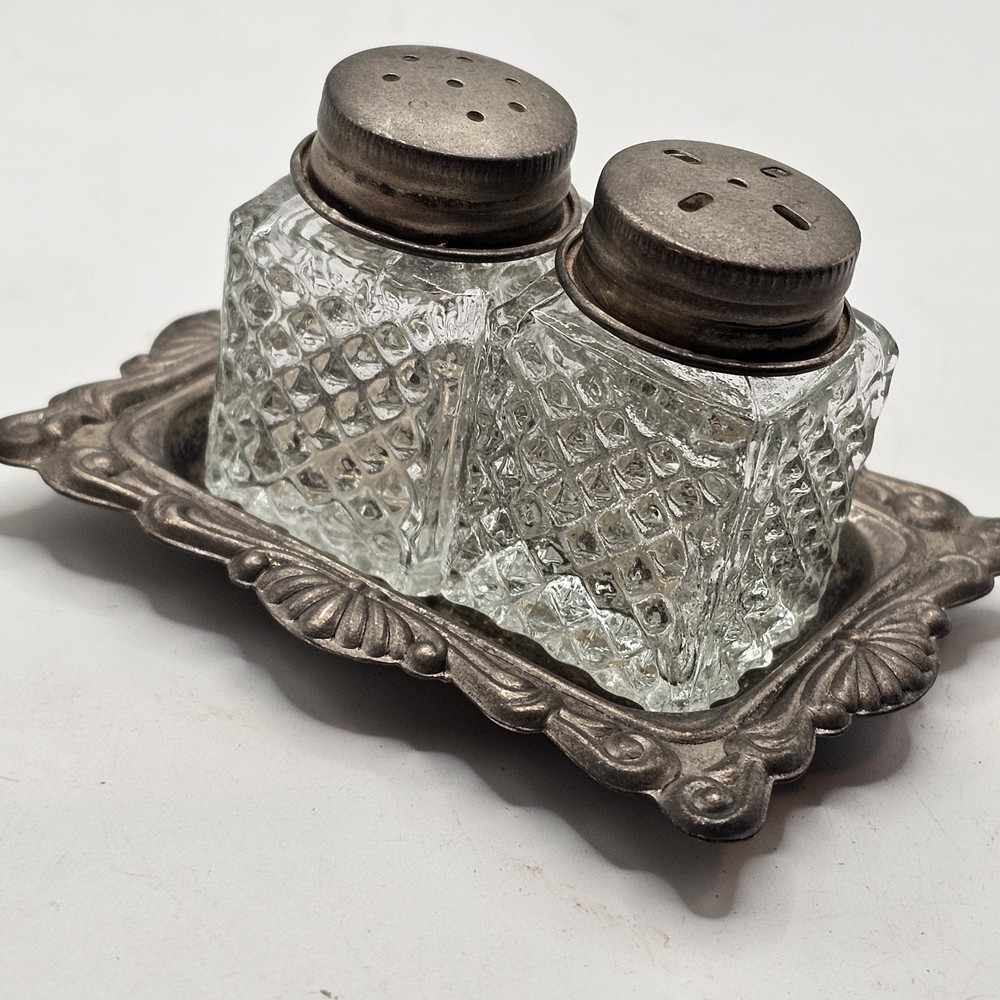 Vintage Mini Cut Clear Glass Salt Pepper Shakers with Silver Plated Tray