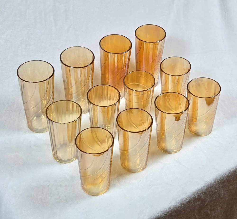 Vintage Set Of 12 Jeanette Iridescent Carnival Glasses-Marigold Spiral Swirl