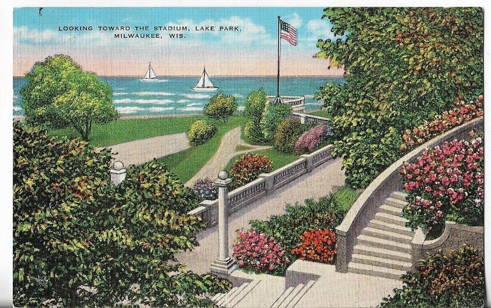 VTG Postcard- Looking Toward the Stadium, Lake Park - Milwaukee, Wisconsin WI