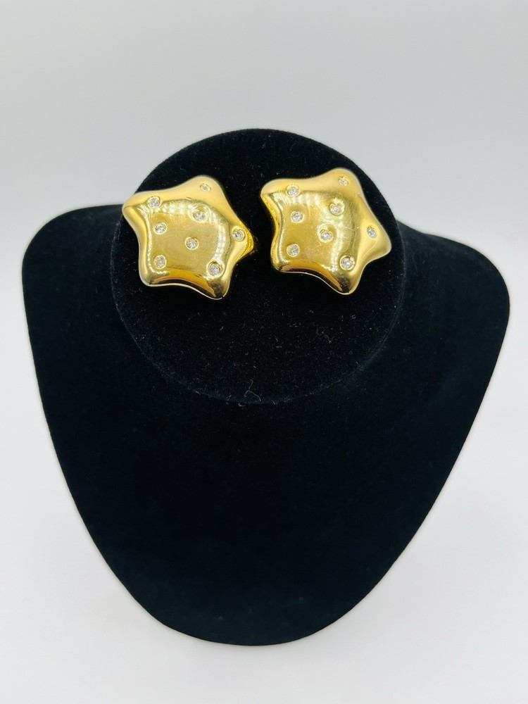 Vintage Liz Claiborne Star Clip On Earrings Gold Tone Crystal Accents
