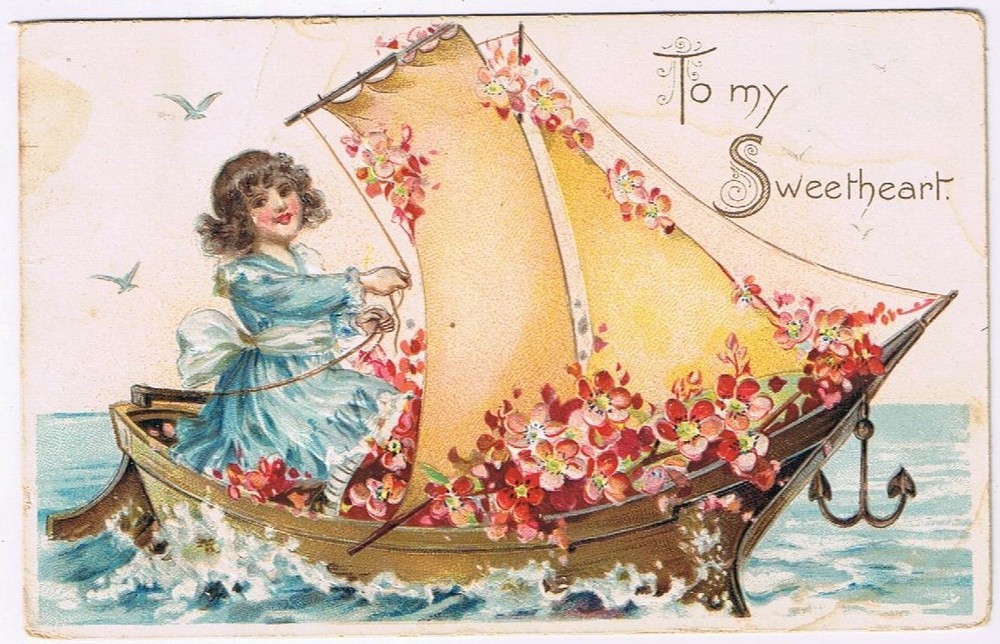 Postcard Embossed Valentine To My Sweetheart Lady In Boat Flowers