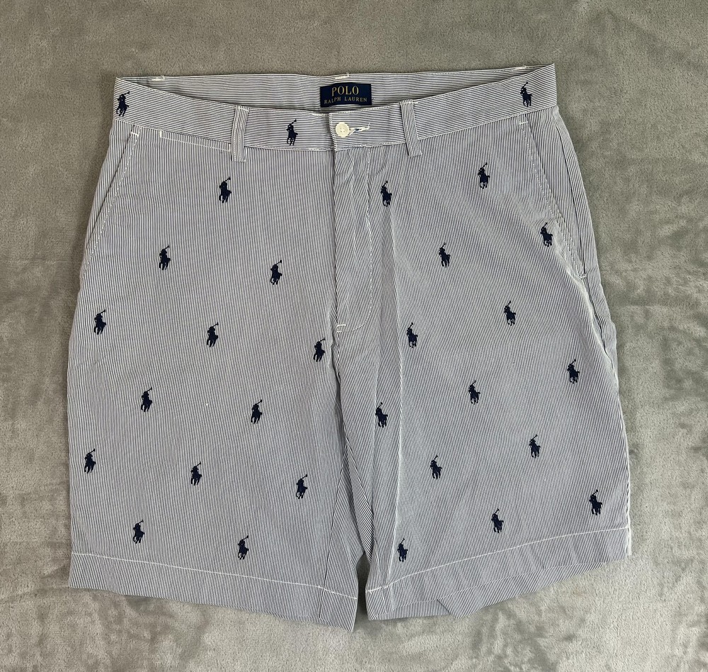 Polo Ralph Lauren Shorts Mens 33 Blue White Seersucker Embroidered Pony Allover