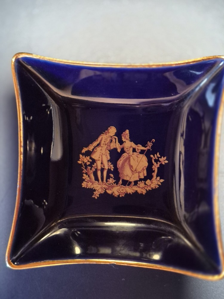 Vintage Limoges France Porcelain Trinket Dish accented in Gold (courting scene)