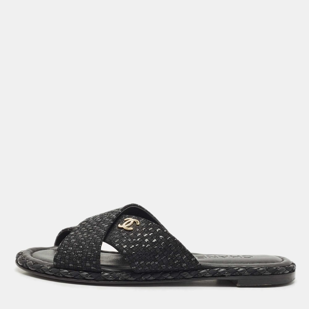 Chanel Black Glitter Fabric Crisscross CC Flat Slide Flats Size 35