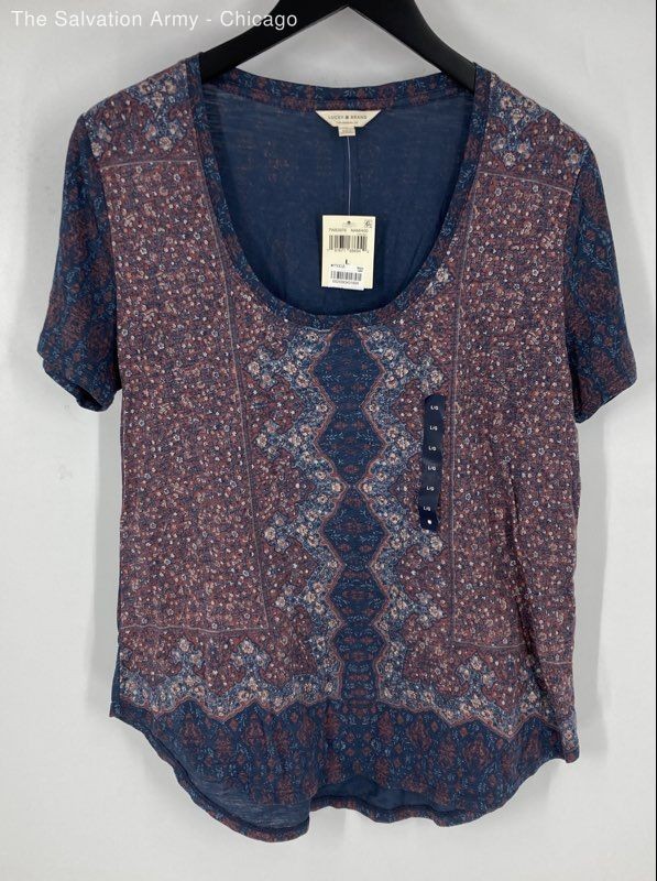 Lucky Brand Womens Blue Dusty Rose Floral Short Sleeve Pullover Blouse Top Sz L