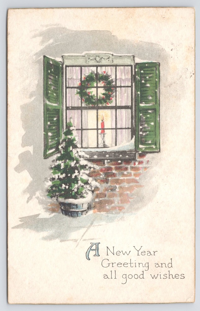 Holiday~Pine Tree Windows & Wreath New Year Greeting~Vintage Postcard