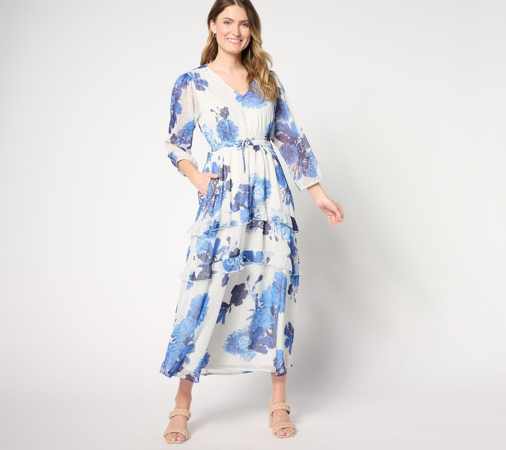 Destination 365 Women's Petite Dress PL Floral Clip Dot Chiffon White A643233