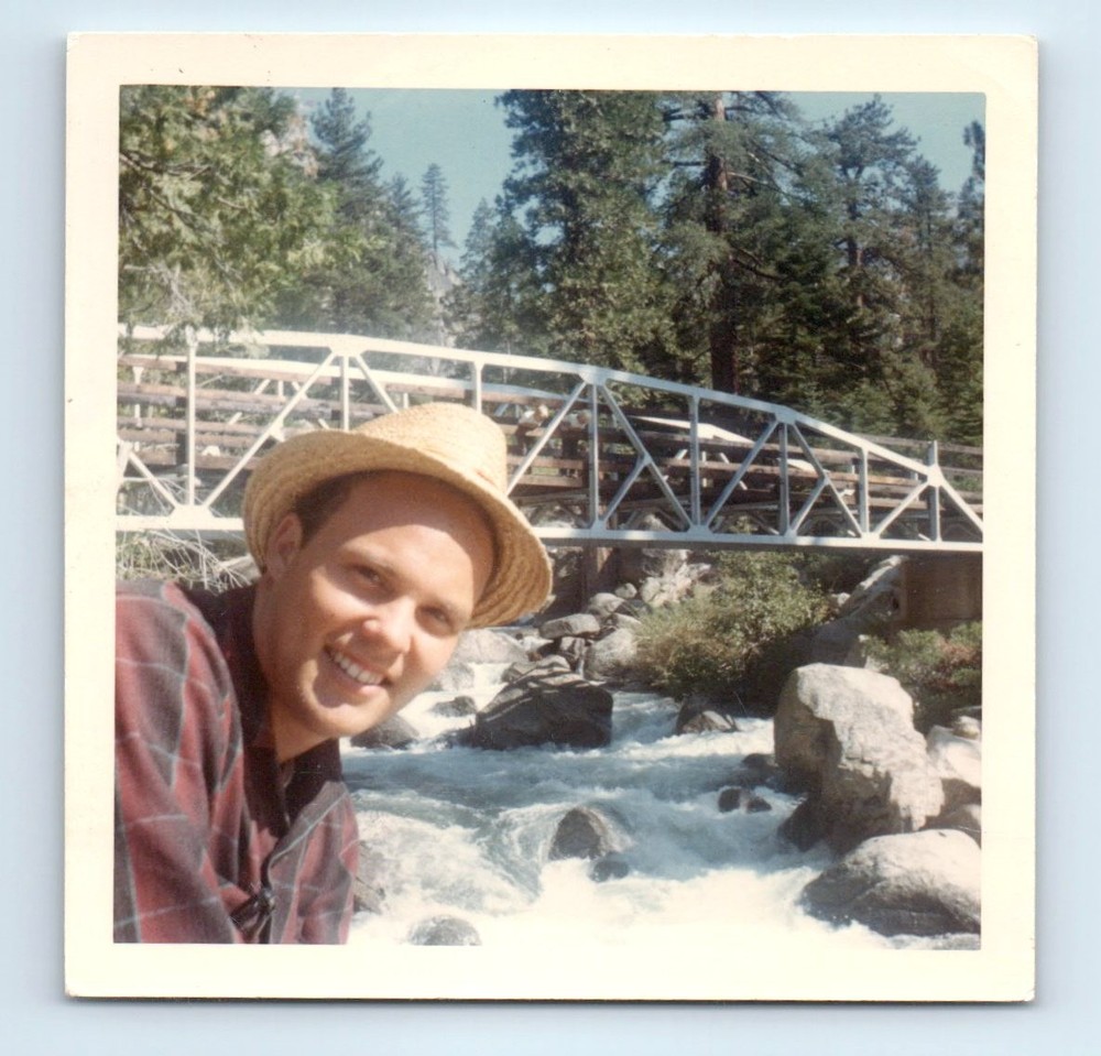 Old Vintage Square Color Photo SOLO SMILING MAN BY BRIDGE RIVER FOREST TREES