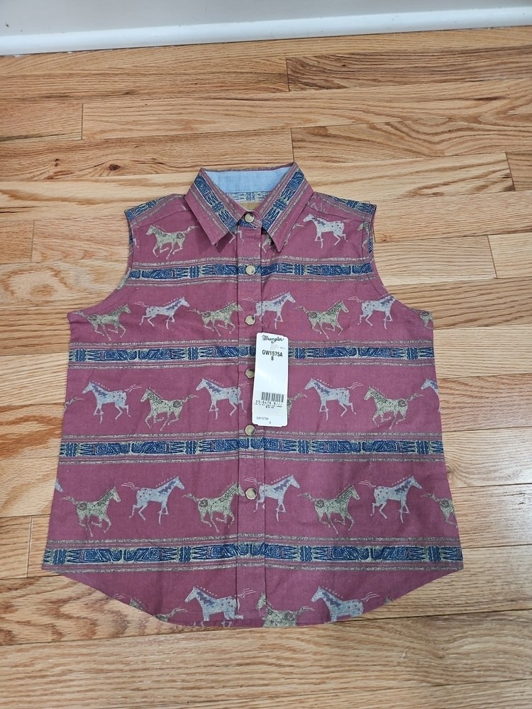 NWT Wrangler Shirt Girls’ Size 8 Denim Pearl Snap Western Cowgirl Sleeveless