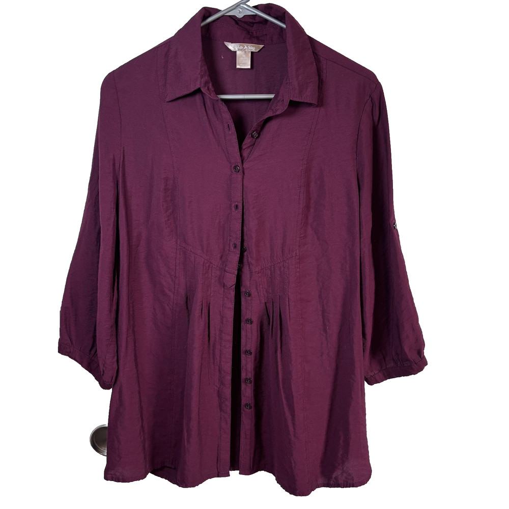 White & Stag Bordeaux Button Up 3/4 Sleeve Roll Tab Blouse Top Size Medium
