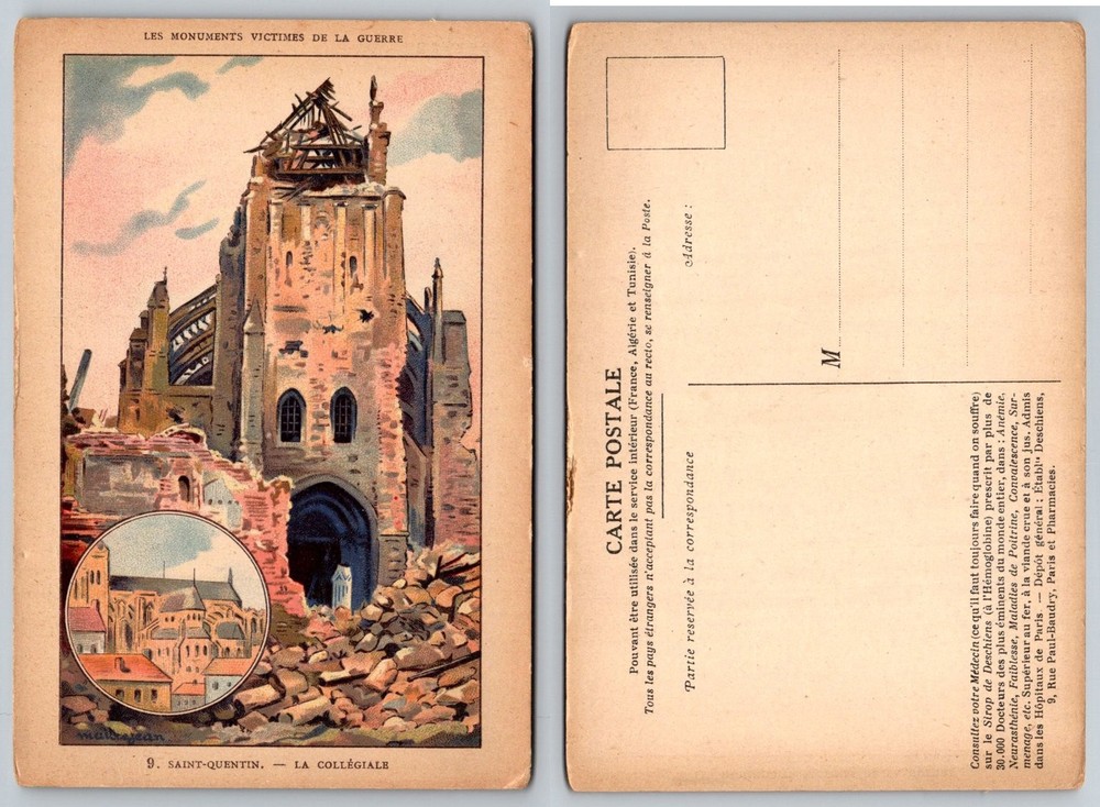 WWI Saint-Quentin Basilica Collegiate Ruined France War Monument Postcard