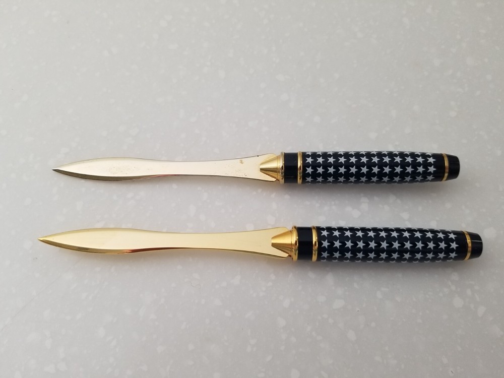 Blue and White Star Handle Gold Chrome Steel Letter Opener Set 6 Inch 2-Pack