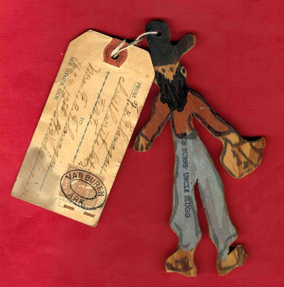 Van Buren, AR ca 1938 pmk on 3rd Class Mail tag of 1/4 in wood UNCLE SLUGG
