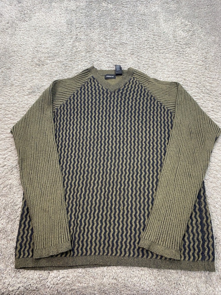 Claiborne Sweater Men XL Olive Green Geometric Cable Knit Grandpa Fisherman Vtg