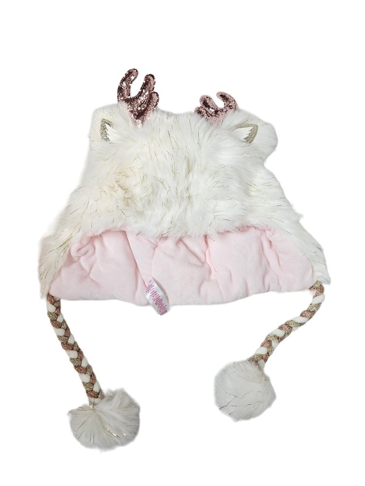 Justice White & Gold 3D Faux Fur Reindeer Trapper Hat Youth Girls P8