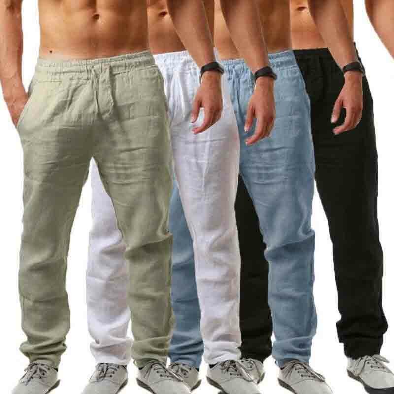 Mens Summer Linen Loose Trousers Casual Travel Beach Rope Tie Drawstring Pants