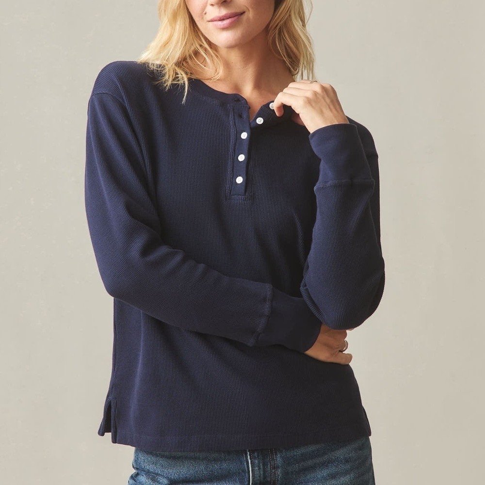 American Giant Thermal T-Shirt Women XL True Navy Cotton Waffle Knit Henley Neck