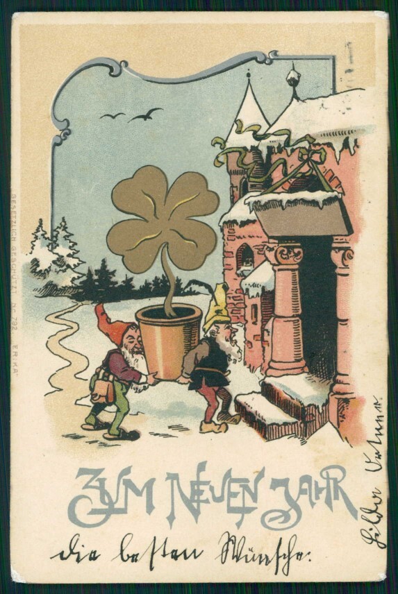 Gnomo Gnome Zwerge Dwarf Four Leaf Clover ERIKA 792 postcard TC5061