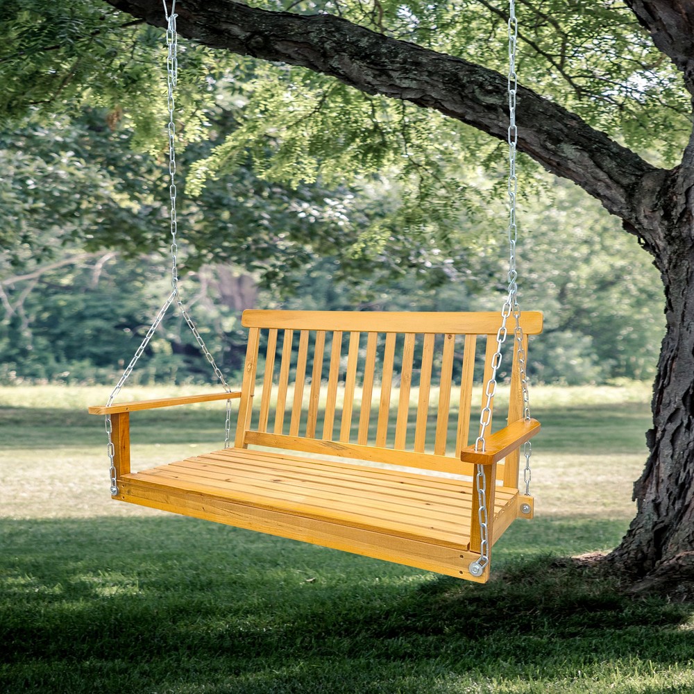 Teak Wood Porch Swing with Armrests - Easy Assembly