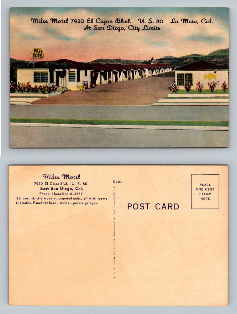 La Mesa, CA-California, Miles Motel East San Diego Limits US 80 Vintage Postcard