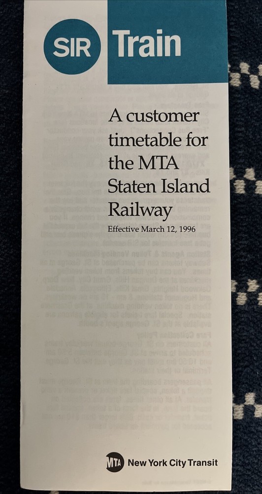 1996 SIR MTA New York Transit Timetable Staten Island St George - Tottenville
