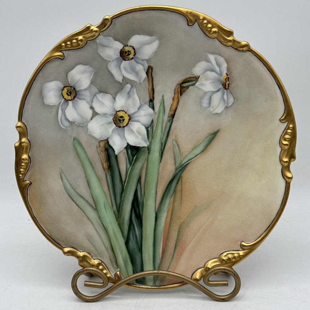 Jean Pouyat Limoges J.P. Antique Plate Hand Painted Springtime Daffodils Gold